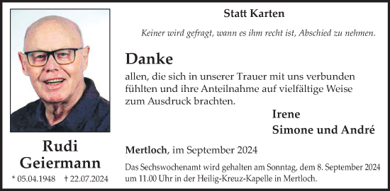 Traueranzeige von Rudi Geiermann von WochenSpiegel