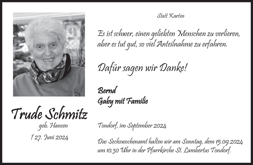  Traueranzeige für Trude Schmitz vom 11.09.2024 aus WochenSpiegel