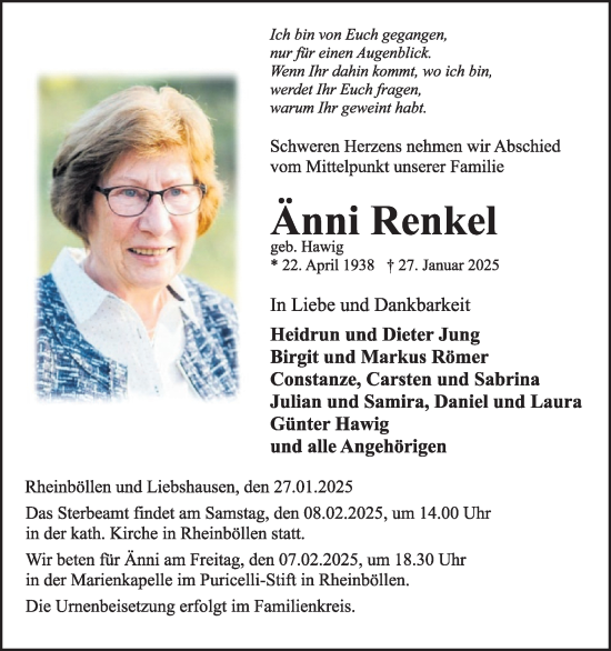 Traueranzeige von Änni Renkel von WochenSpiegel