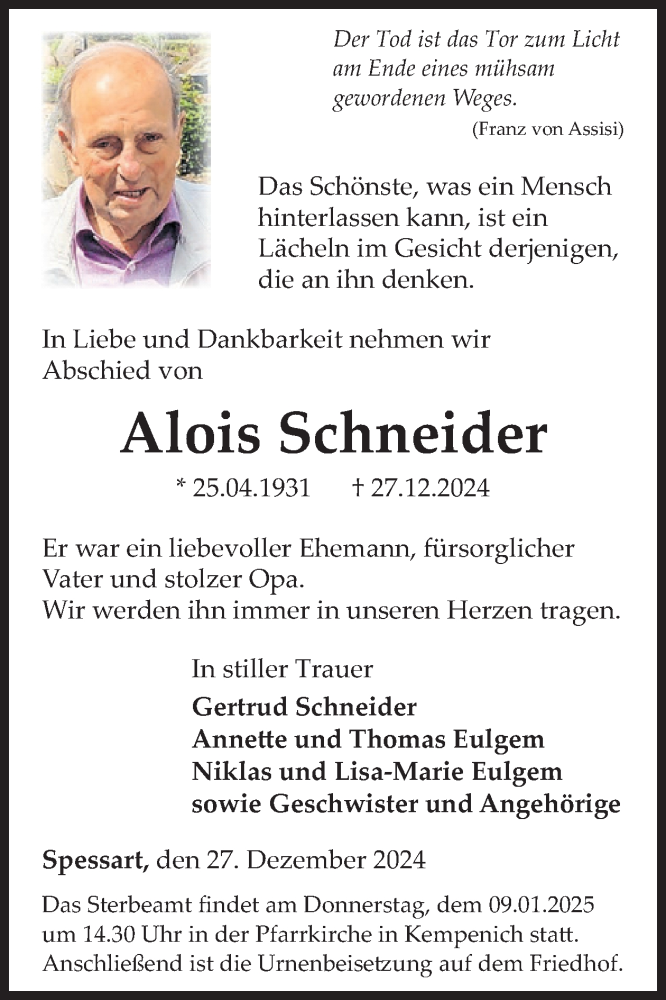  Traueranzeige für Alois Schneider vom 08.01.2025 aus WochenSpiegel