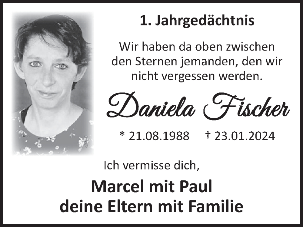 Traueranzeige für Daniela Fischer vom 22.01.2025 aus WochenSpiegel
