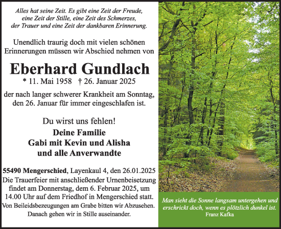 Traueranzeige von Eberhard Gundlach von WochenSpiegel