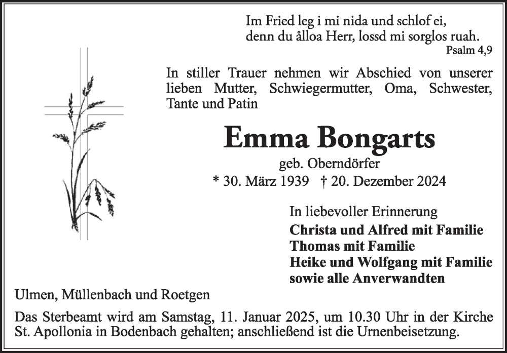  Traueranzeige für Emma Bongarts vom 11.01.2025 aus WochenSpiegel