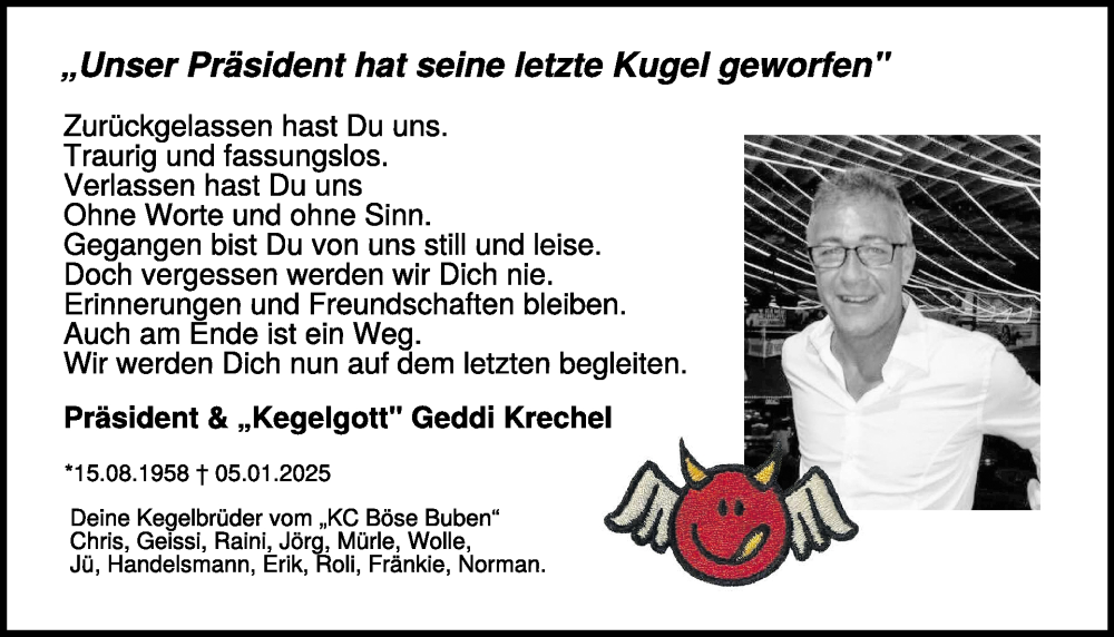  Traueranzeige für Geddi Krechel vom 22.01.2025 aus WochenSpiegel