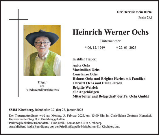 Traueranzeige von Heinrich Werner Ochs von WochenSpiegel