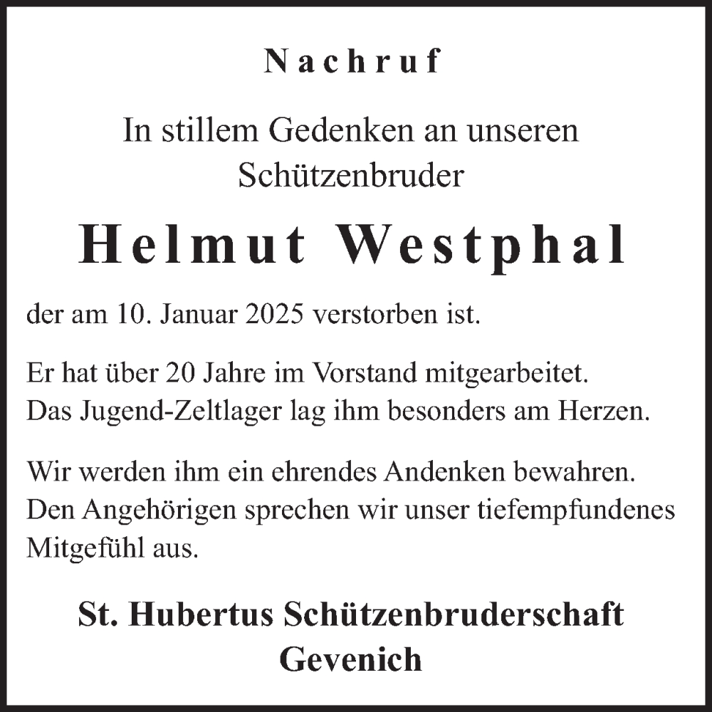  Traueranzeige für Helmut Westphal vom 22.01.2025 aus WochenSpiegel
