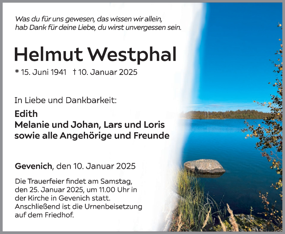  Traueranzeige für Helmut Westphal vom 22.01.2025 aus WochenSpiegel