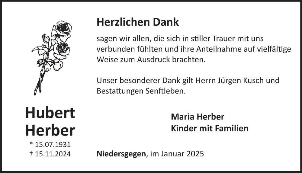  Traueranzeige für Hubert Herber vom 10.01.2025 aus WochenSpiegel