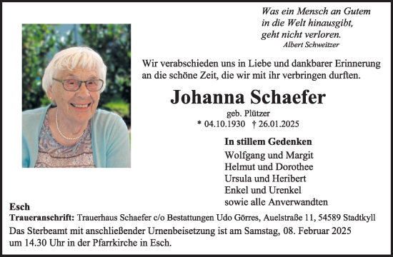 Traueranzeige von Johanna Schaefer von WochenSpiegel
