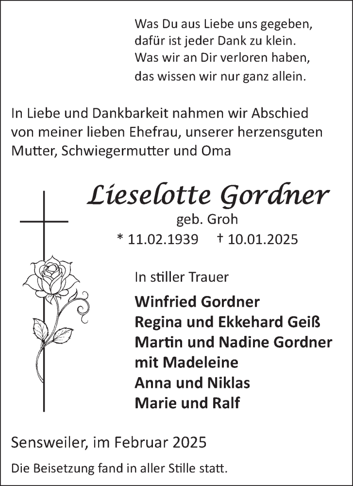  Traueranzeige für Lieselotte Gordner vom 01.02.2025 aus WochenSpiegel