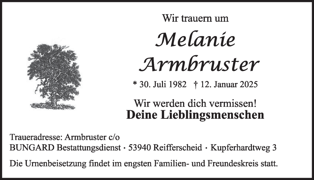  Traueranzeige für Melanie Armbruster vom 15.01.2025 aus WochenSpiegel