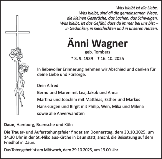 Traueranzeige von Änni Wagner von WochenSpiegel