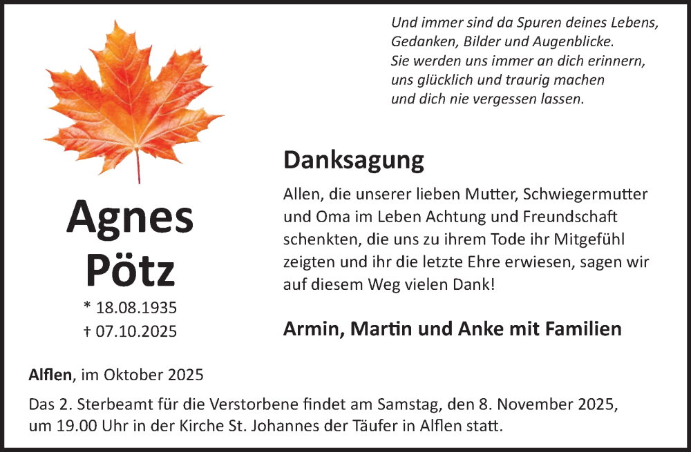 Traueranzeige für Agnes Pötz vom 29.10.2025 aus WochenSpiegel