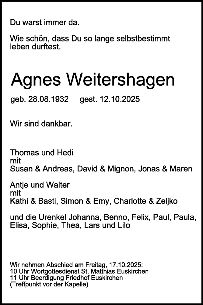  Traueranzeige für Agnes Weitershagen vom 15.10.2025 aus WochenSpiegel