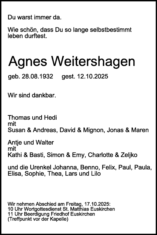 Traueranzeige von Agnes Weitershagen von WochenSpiegel