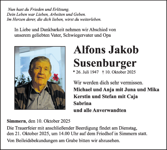Traueranzeige von Alfons Jakob Susenburger von WochenSpiegel