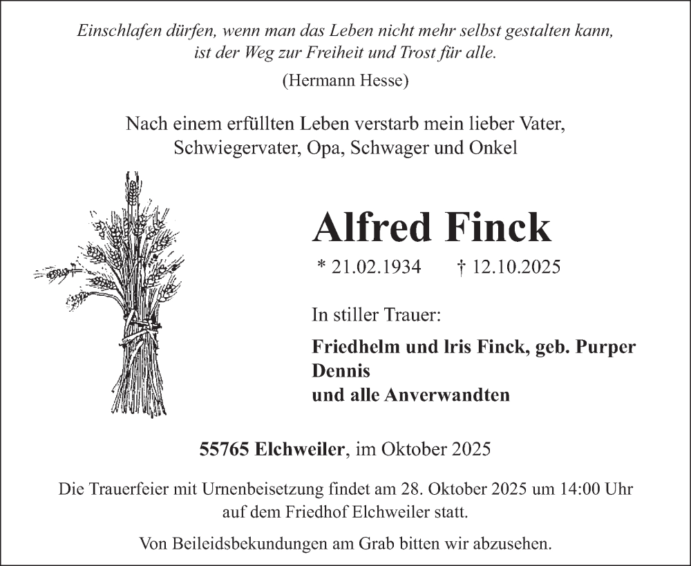  Traueranzeige für Alfred Finck vom 25.10.2025 aus WochenSpiegel
