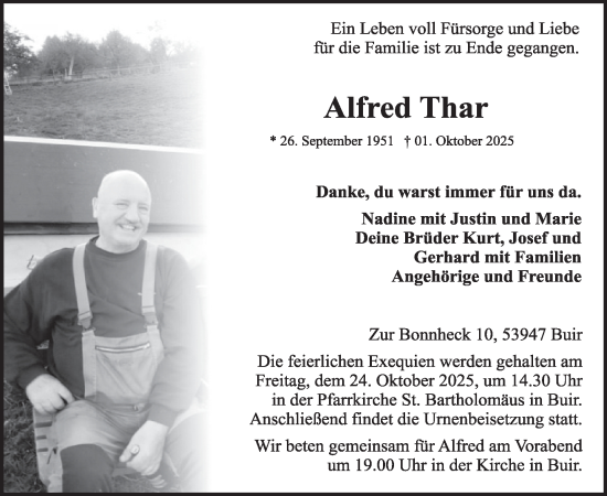 Traueranzeige von Alfred Thar von WochenSpiegel