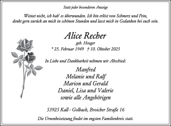 Traueranzeige von Alice Recher von WochenSpiegel