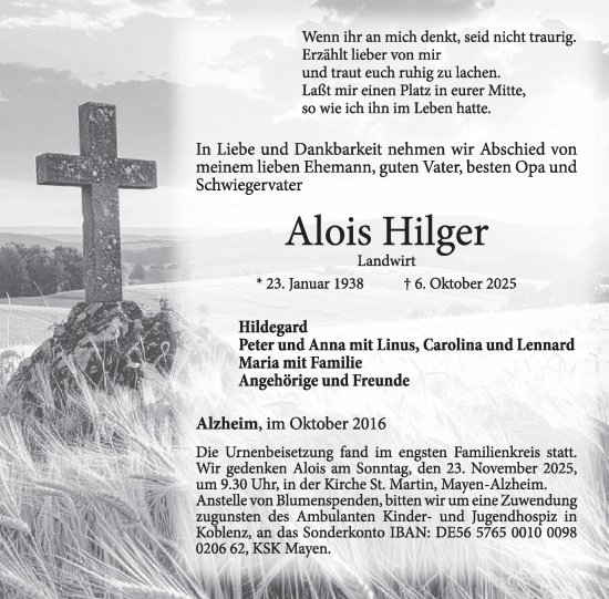 Traueranzeige von Alois Hilger von WochenSpiegel