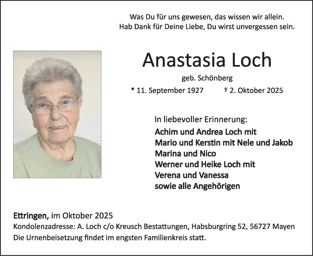  Traueranzeige für Anastasia Loch vom 15.10.2025 aus WochenSpiegel