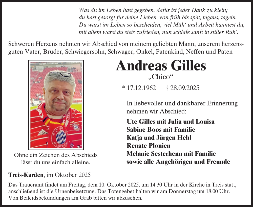  Traueranzeige für Andreas Gilles vom 08.10.2025 aus WochenSpiegel