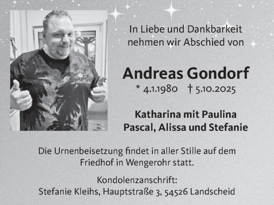 Traueranzeige von Andreas Gondorf von WochenSpiegel