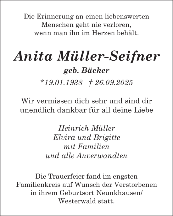 Traueranzeige von Anita Müller-Seifner von WochenSpiegel