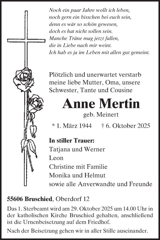 Traueranzeige von Anne Mertin von WochenSpiegel