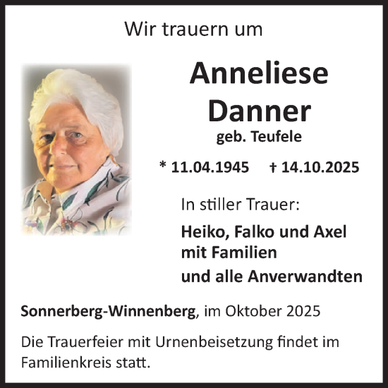 Traueranzeige von Anneliese Danner von WochenSpiegel