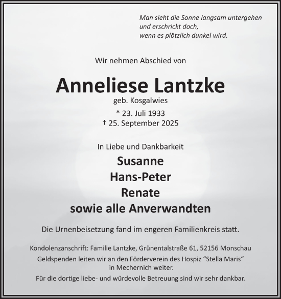 Traueranzeige von Anneliese Lantzke von WochenSpiegel
