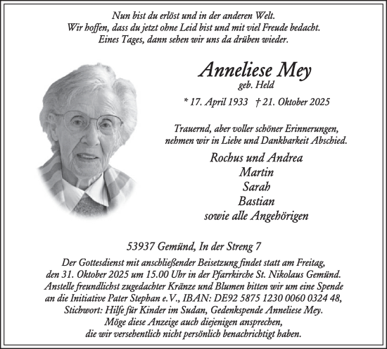 Traueranzeige von Anneliese Mey von WochenSpiegel