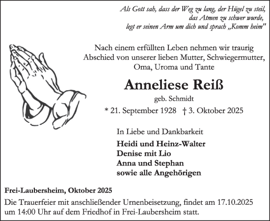 Traueranzeige von Anneliese Reiß von WochenSpiegel