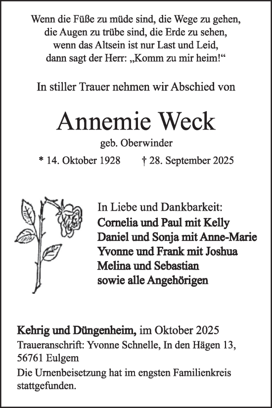 Traueranzeige von Annemie Weck von WochenSpiegel