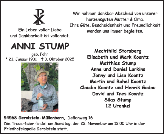 Traueranzeige von Anni Stump von WochenSpiegel