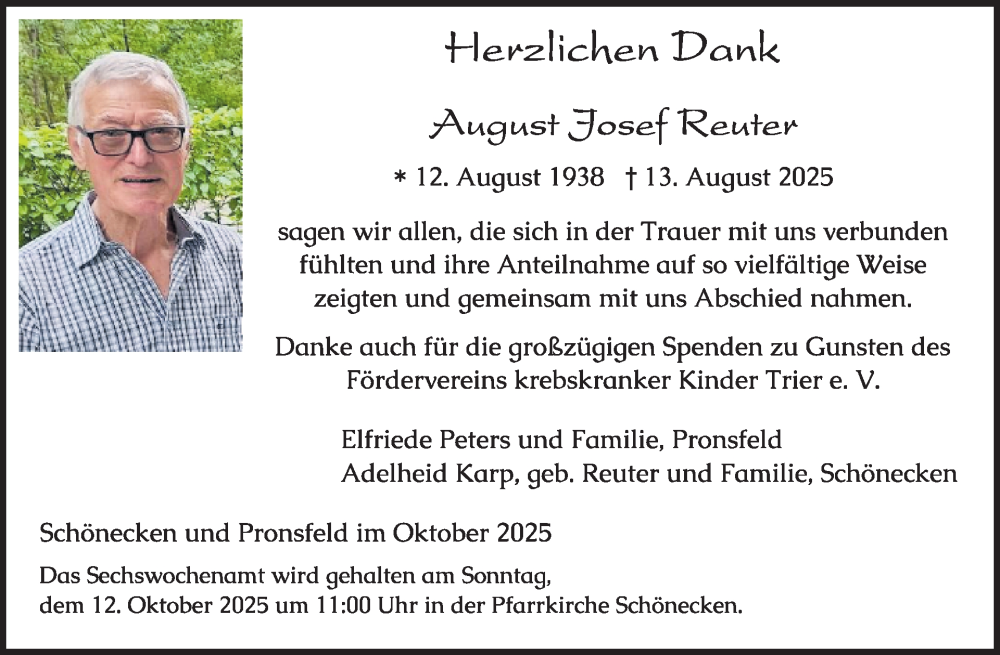  Traueranzeige für August Josef Reuter vom 03.10.2025 aus WochenSpiegel