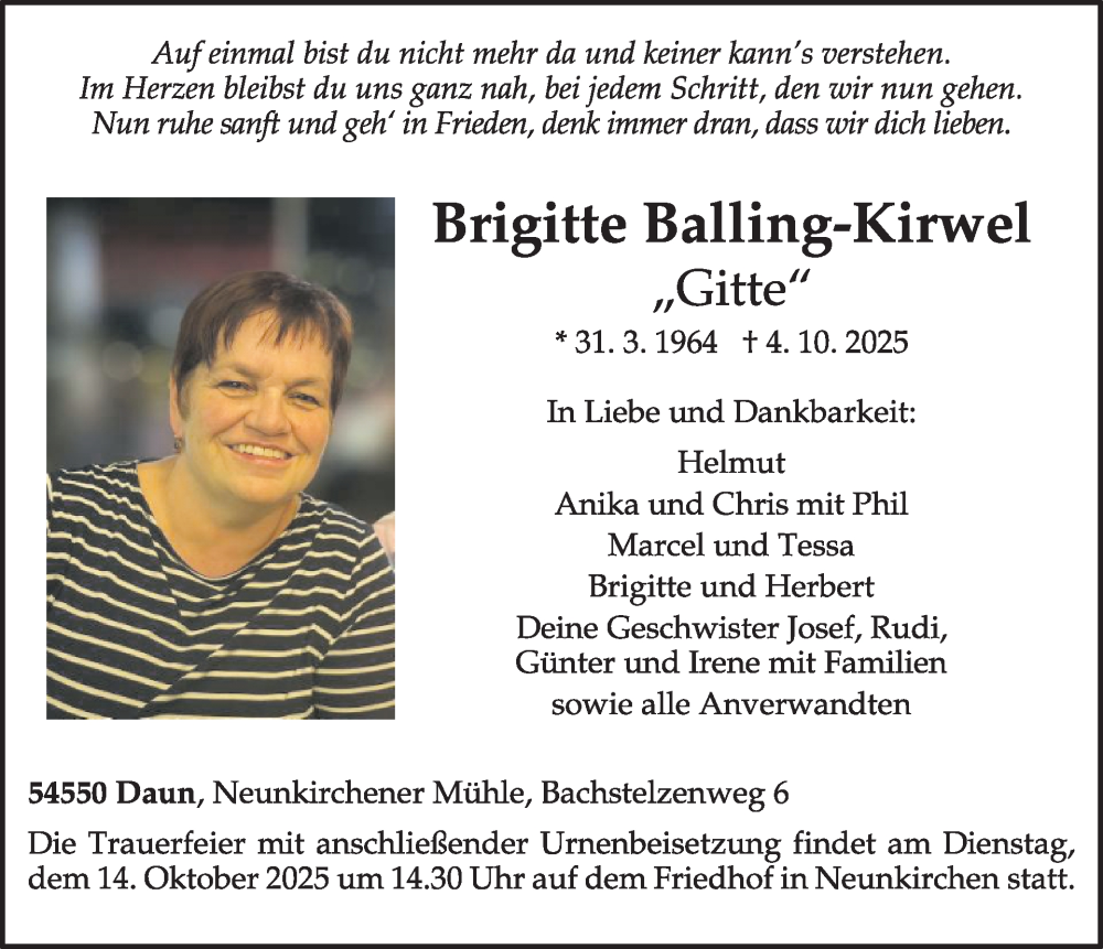  Traueranzeige für Brigitte Balling-Kirwel vom 11.10.2025 aus WochenSpiegel