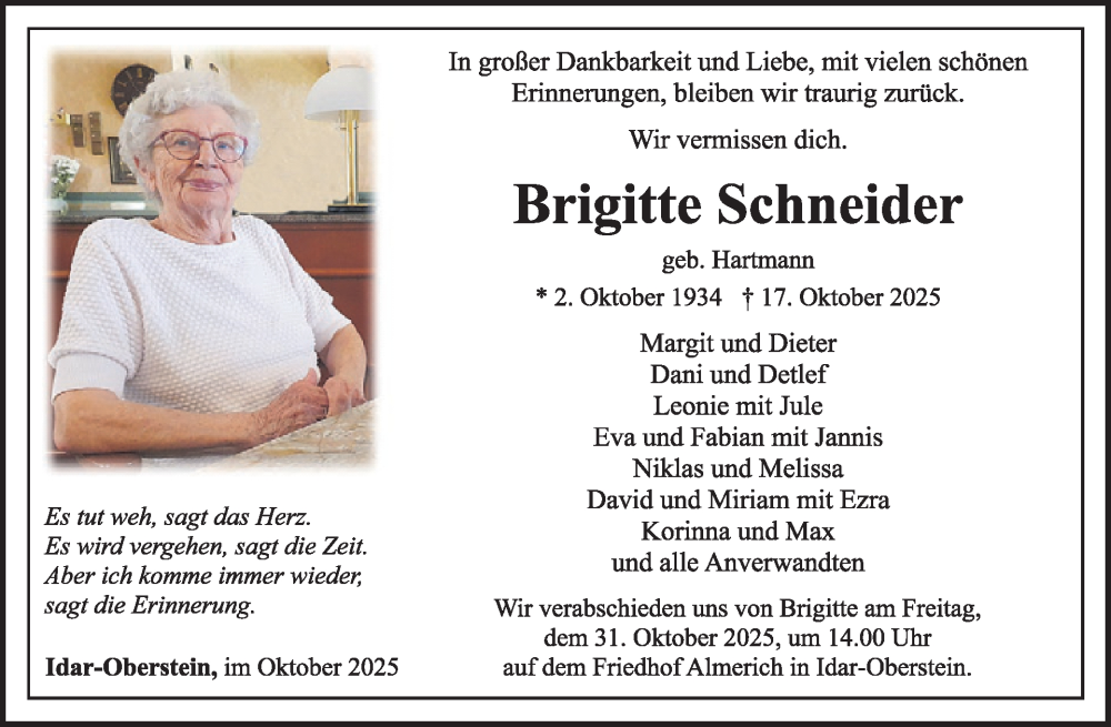  Traueranzeige für Brigitte Schneider vom 25.10.2025 aus WochenSpiegel