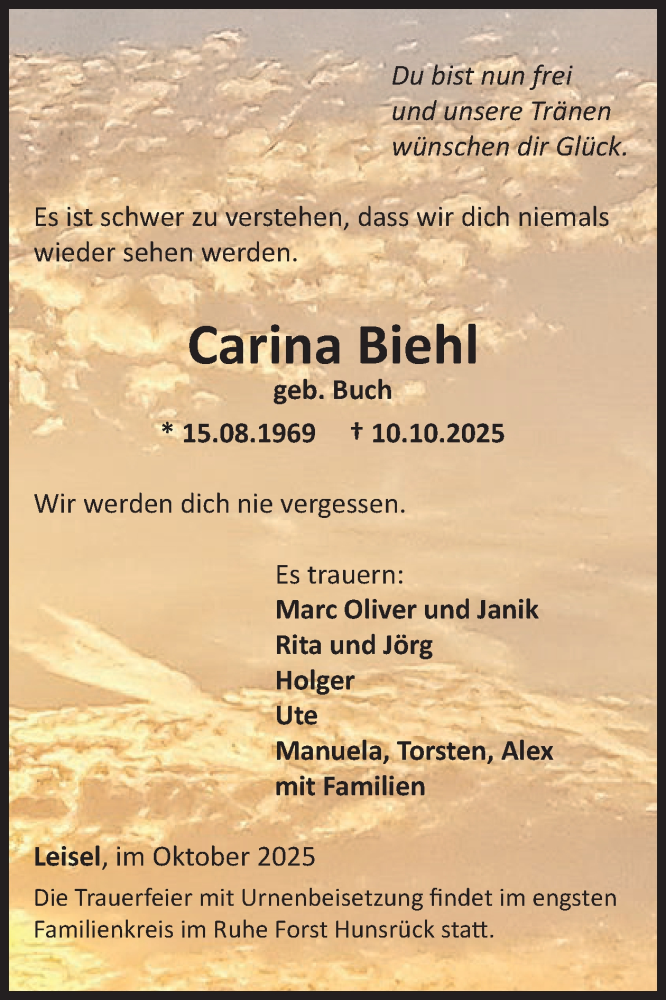  Traueranzeige für Carina Biehl vom 25.10.2025 aus WochenSpiegel