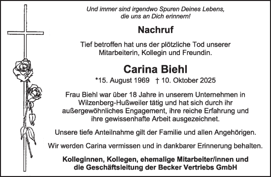 Traueranzeige von Carina Biehl von WochenSpiegel