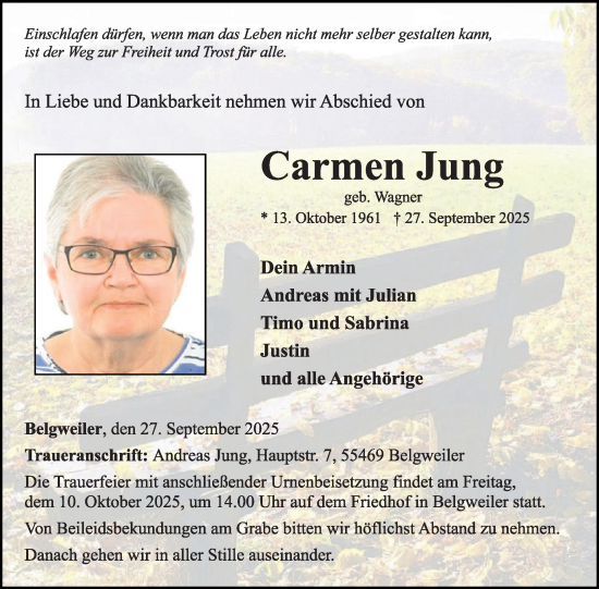 Traueranzeige von Carmen Jung von WochenSpiegel