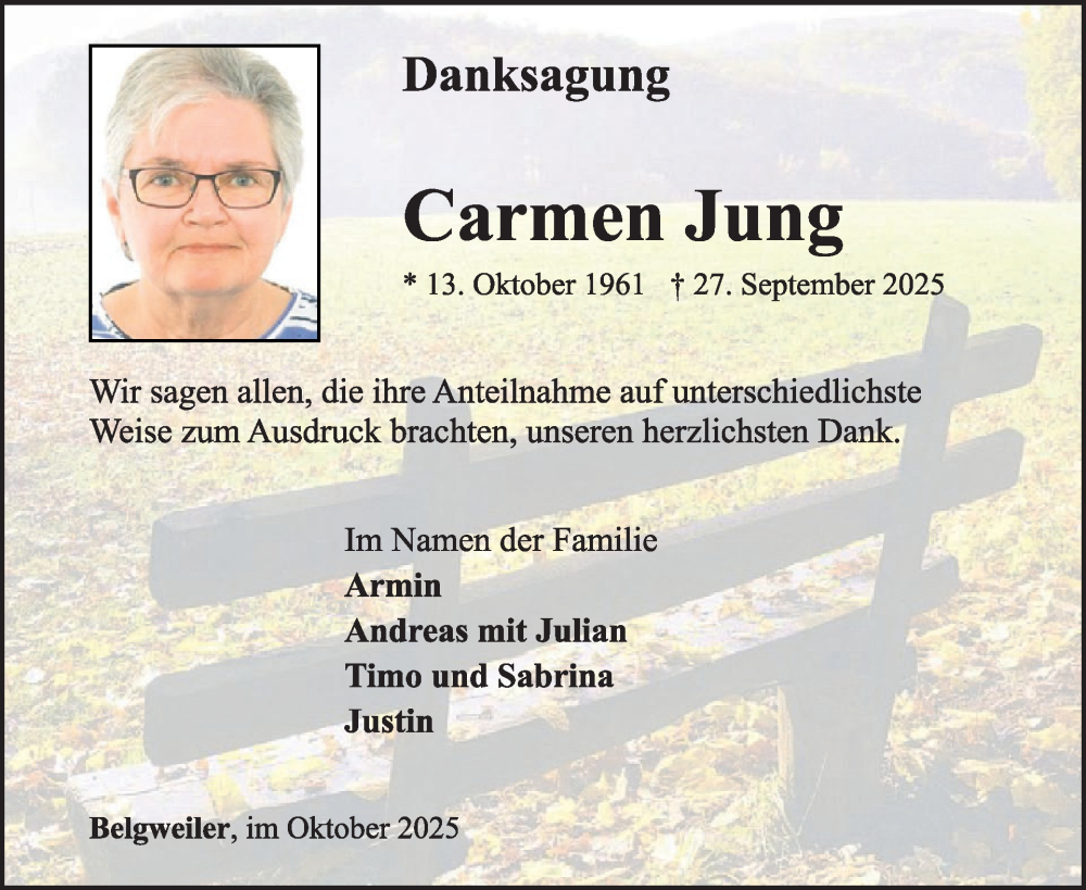  Traueranzeige für Carmen Jung vom 18.10.2025 aus WochenSpiegel