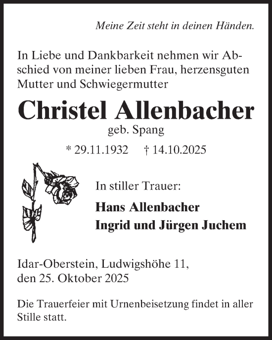 Traueranzeige von Christel Allenbacher von WochenSpiegel