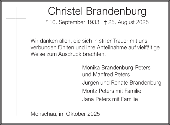 Traueranzeige von Christel Brandenburg von WochenSpiegel