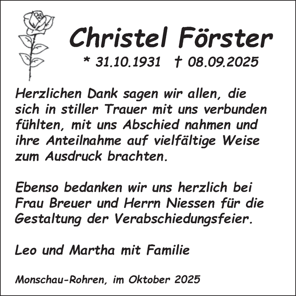  Traueranzeige für Christel Förster vom 08.10.2025 aus WochenSpiegel