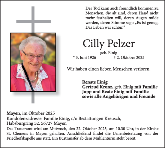 Traueranzeige von Cilly Pelzer von WochenSpiegel