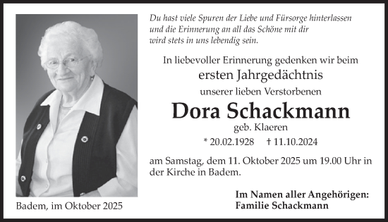 Traueranzeige von Dora Schackmann von WochenSpiegel