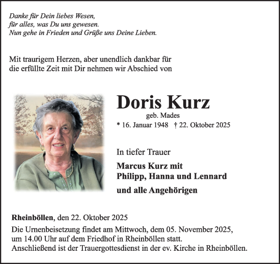 Traueranzeige von Doris Kurz von WochenSpiegel