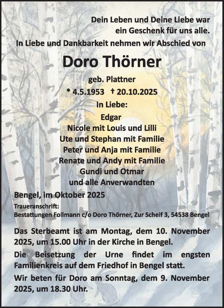 Traueranzeige für Doro Thörner vom 31.10.2025 aus WochenSpiegel