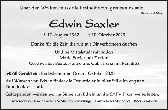 Traueranzeige von Edwin Saxler von WochenSpiegel